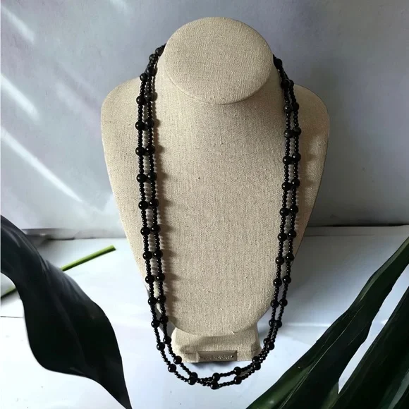 Trifari Signed Black Double Strand Beaded Vintage Necklace with Lobster Clasp - Picture 1 of 7